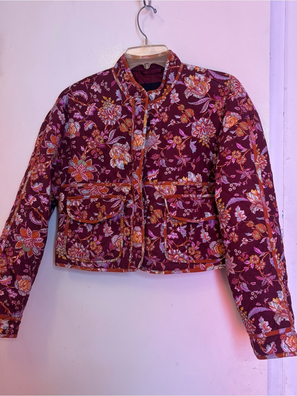 7 For All Mankind Burgundy Floral Quilted Bomber Jacket